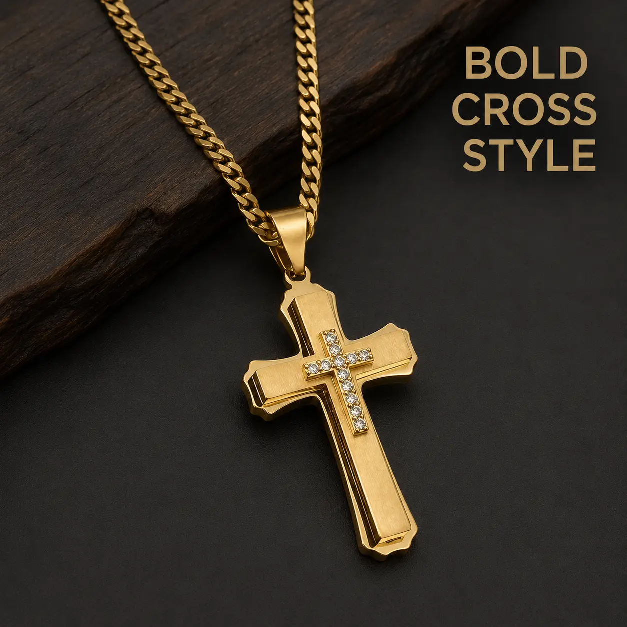 Men’s Gold-Tone Cross Necklace - Stainless Steel Electroplated Zirconia Sparkle Bold Cross Design Pendant with 23.6in Cuban Chain, Hip Hop Streetwear Religious Jewelry, Gift for Teens