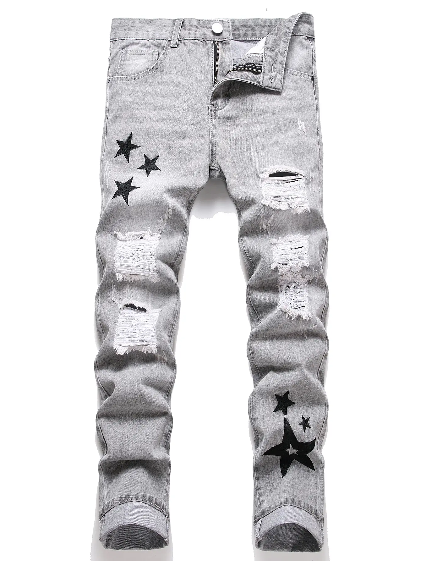 Men's Streetwear Jeans, Retro Ripped Denim with Embroidery, Classic Straight Fit Casual Menswear Pants, Casual Fit Men's Jeans, Fashion, Simple, Colorful Embellished Men's Jeans