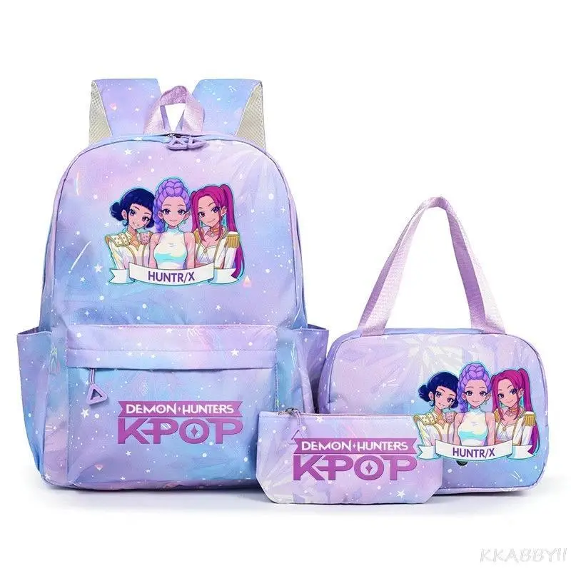 Teen Girls 3‑Pcs School Backpack Combo,16.5 Inch K‑POP Cartoon Hunters Anime Character Printed Glitter‑Purple Daypack, Insulated Lunch Handbag and Pen Bag, Zipper Backpack for School Travel Daily