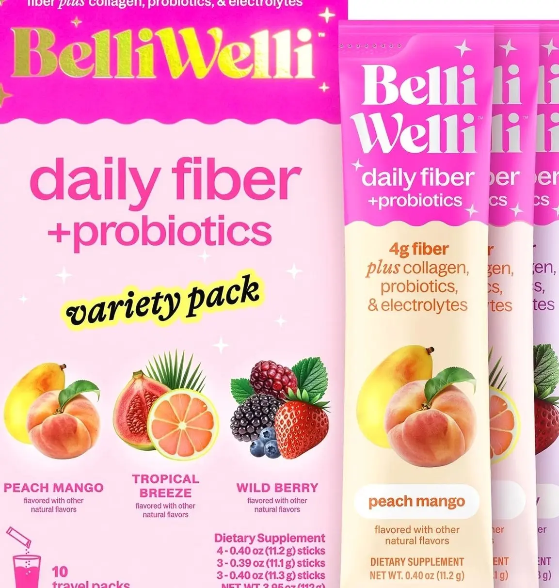 Belli Welli Fiber Supplement, Probiotics Fiber Powder Travel Pack for Women with Collagen & Electrolytes for Daily Gut Health & Debloating, Variety Pack, 10 Packets