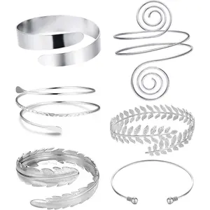 6 Pieces Arm Cuff Upper Arm Band Cuff Bracelet Bangle for Women Silver Gold Adjustable Armband Set- Home Improvement