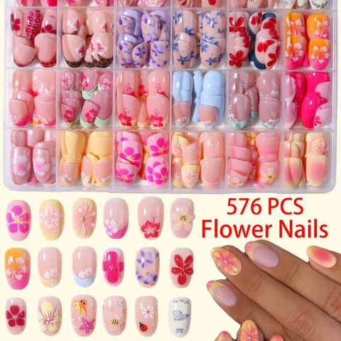 576pcs Short Oval 3D Gel Nail Tips, Mixed Floral Designs, Glossy Finish, Perfect for Daily Wear & Parties, Stylish False Nail Set for Manicure Nail Art, Decorative Nails, Nail Art Supplies, Nail Art Products
