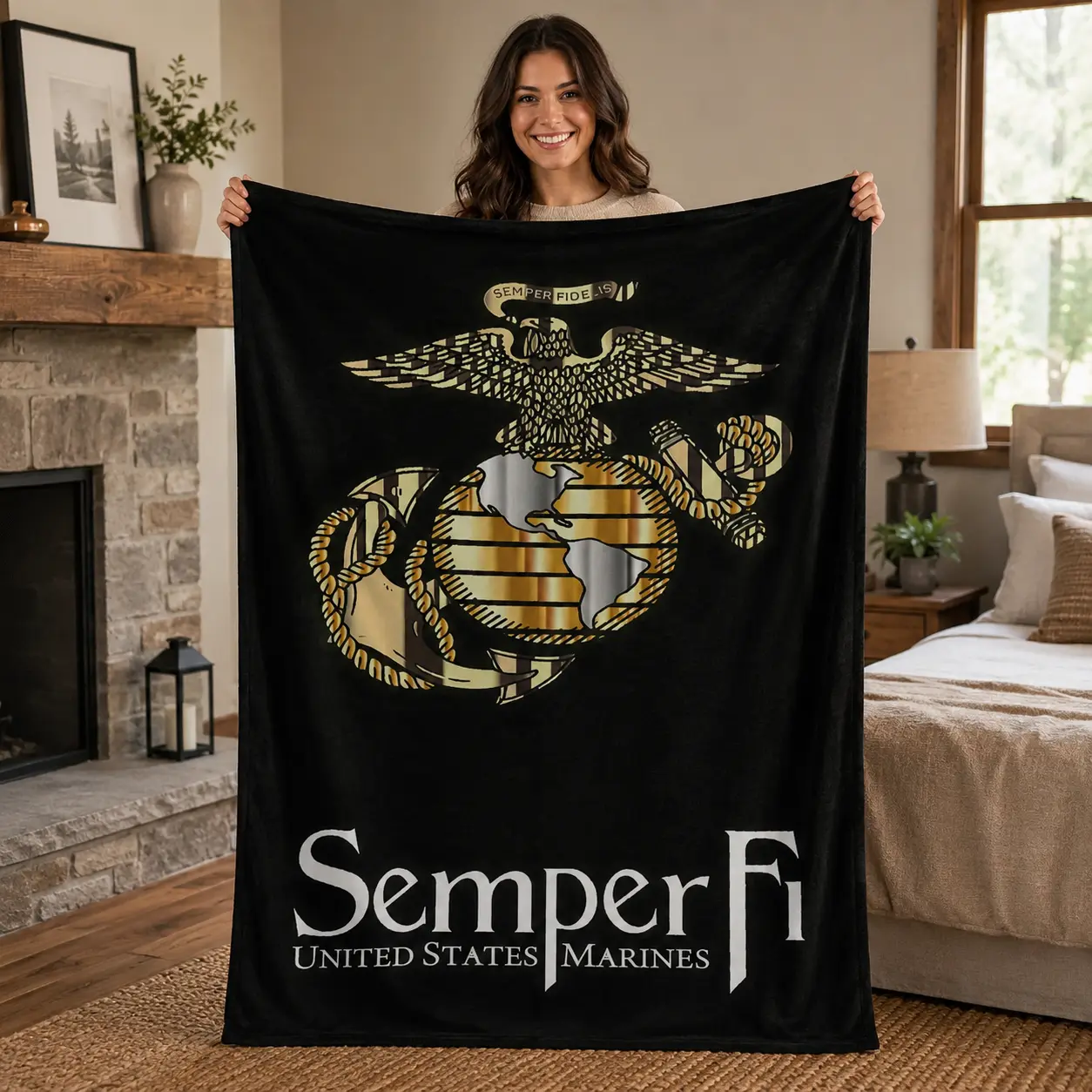 Semper Fi United States Marines Flannel Blanket, Eagle Globe Anchor Military Pride Throw Blanket, Black Gold Marine Veteran Soft Cozy Blanket For Couch Bed Sofa Man Cave Decor Gift