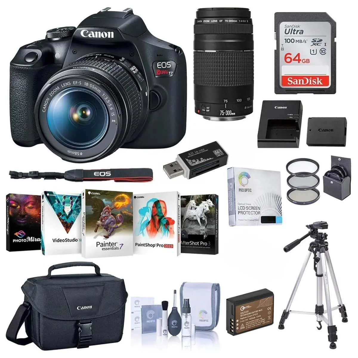 Canon EOS Rebel T7 DSLR Camera with EF-S 18-55mm f/3.5-5.6 IS II and EF 75-300mm III Lens - Bundle With 64GB SDXC Card, 58mm Filter Kit, Tripod, Spare Battery, Software Pack, More