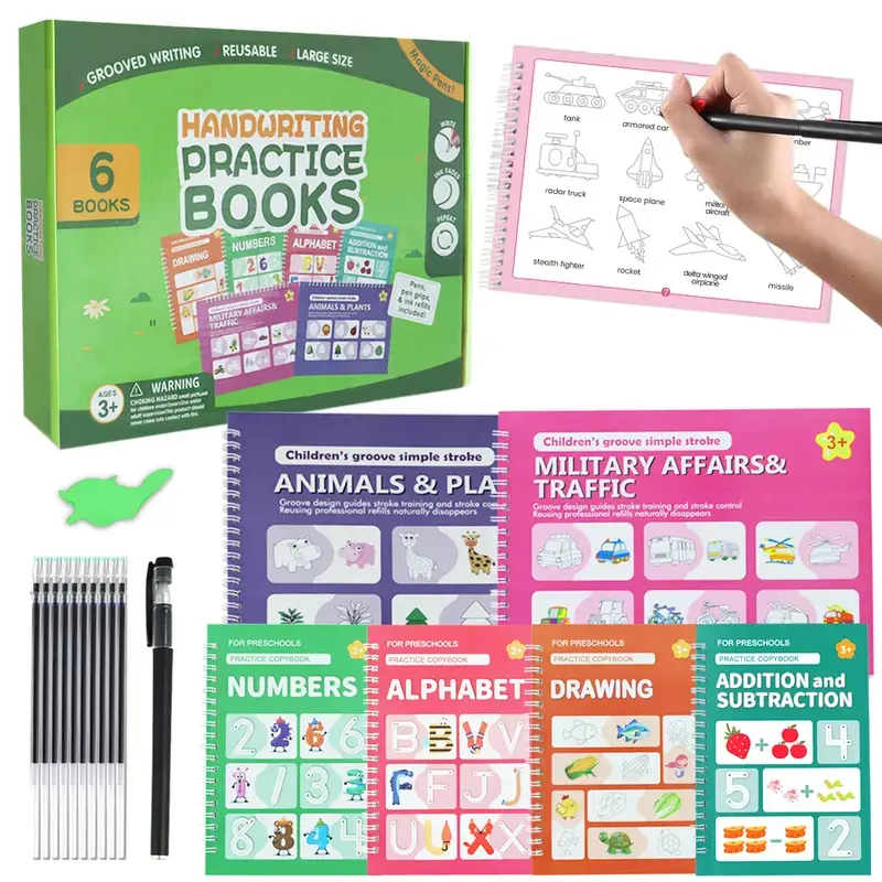 Kids DIY Craft Activity Kit with Magic Pen & 10 Refills, 6PCS Reusable Drawing Books, Montessori Visual Learning Tools, Groove Tracing Workbook, Preschool Ages 3-12 Back to School Gift