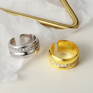 Light luxury super flash S925 sterling silver zircon ring, micro-inlaid open light plate, wide-faced index finger ring, female.