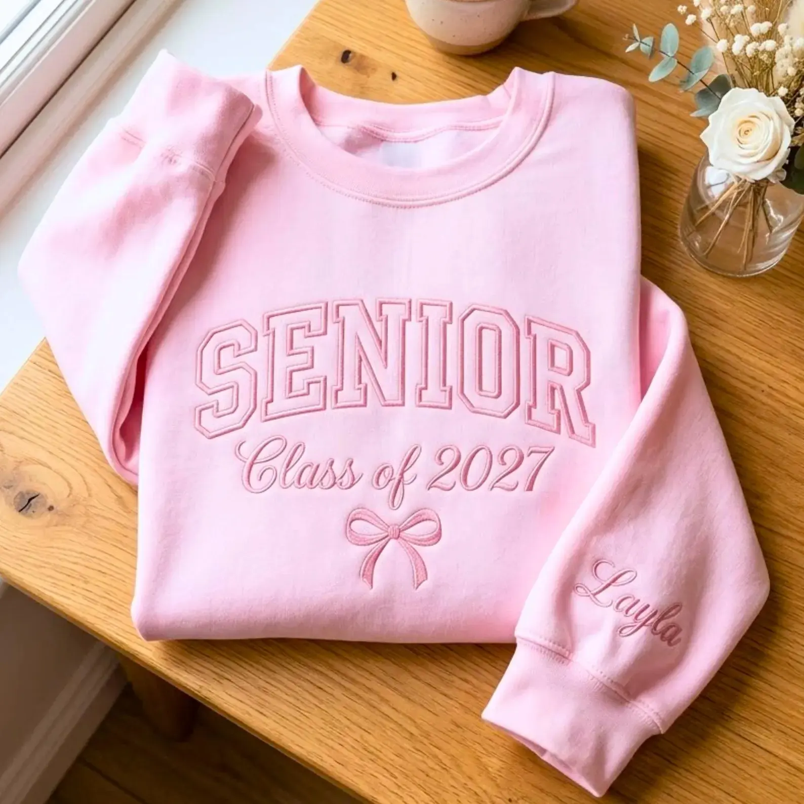 [Custom Name] Embroidered Senior Sweatshirt, Class of 2027, Personalized Cheer Gift, Coquette Crewneck