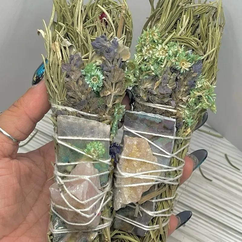 Energy Cleansing Smudge Bundle Set - Rosemary, Lavender, Sage, Rose Quartz, Abalone Shell - Light for Room Scents & Aroma Fragrance