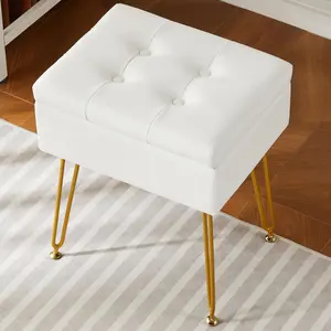 (R) Vanity Stool Chair with Storage, Small Storage Ottoman Stool for Vanity Bathroom Bedroom, White Faux Leather Makeup Chair