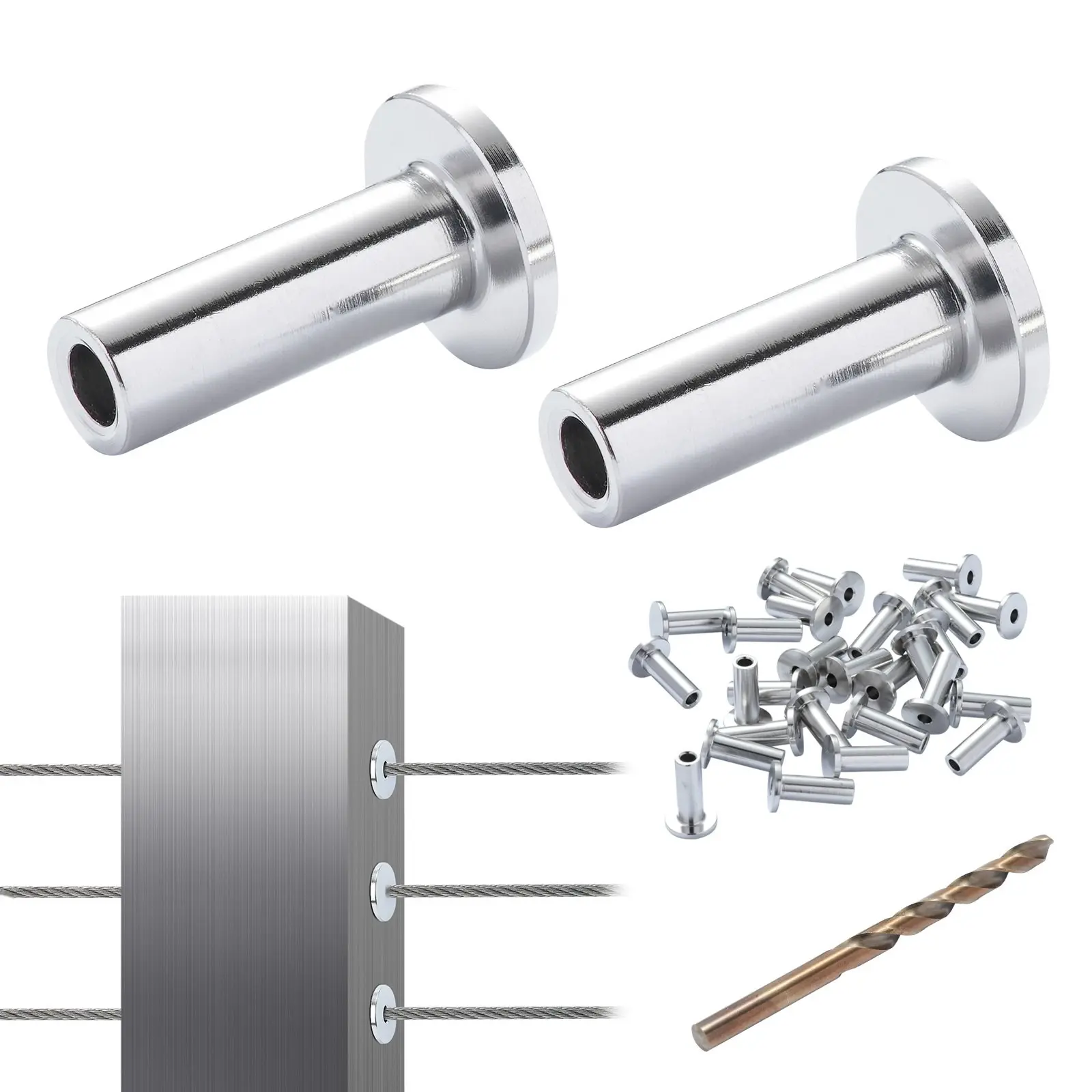 121 Pack T316 Stainless Steel Protector Sleeves For 1/8 Inch Wire Rope Cable Railing, DIY Balustrade, Marine Grade Corrosion Resistant Sleeves For Outdoor Railings, Includes Free Drill Bit, Silver