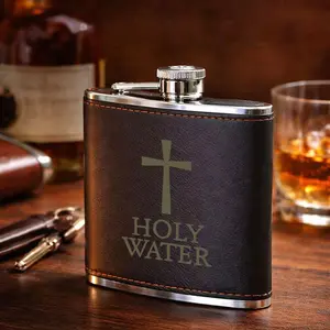 Cross & Holy Water Design Leather Flask, Stylish Bottle, Stainless Steel & Leather Portable Liquor Flask, Compact Reusable Drinking Flask, Suitable for Whiskey, Liquor, Travel-Friendly Pocket Flask, Perfect Gift for Christian Friends/Men