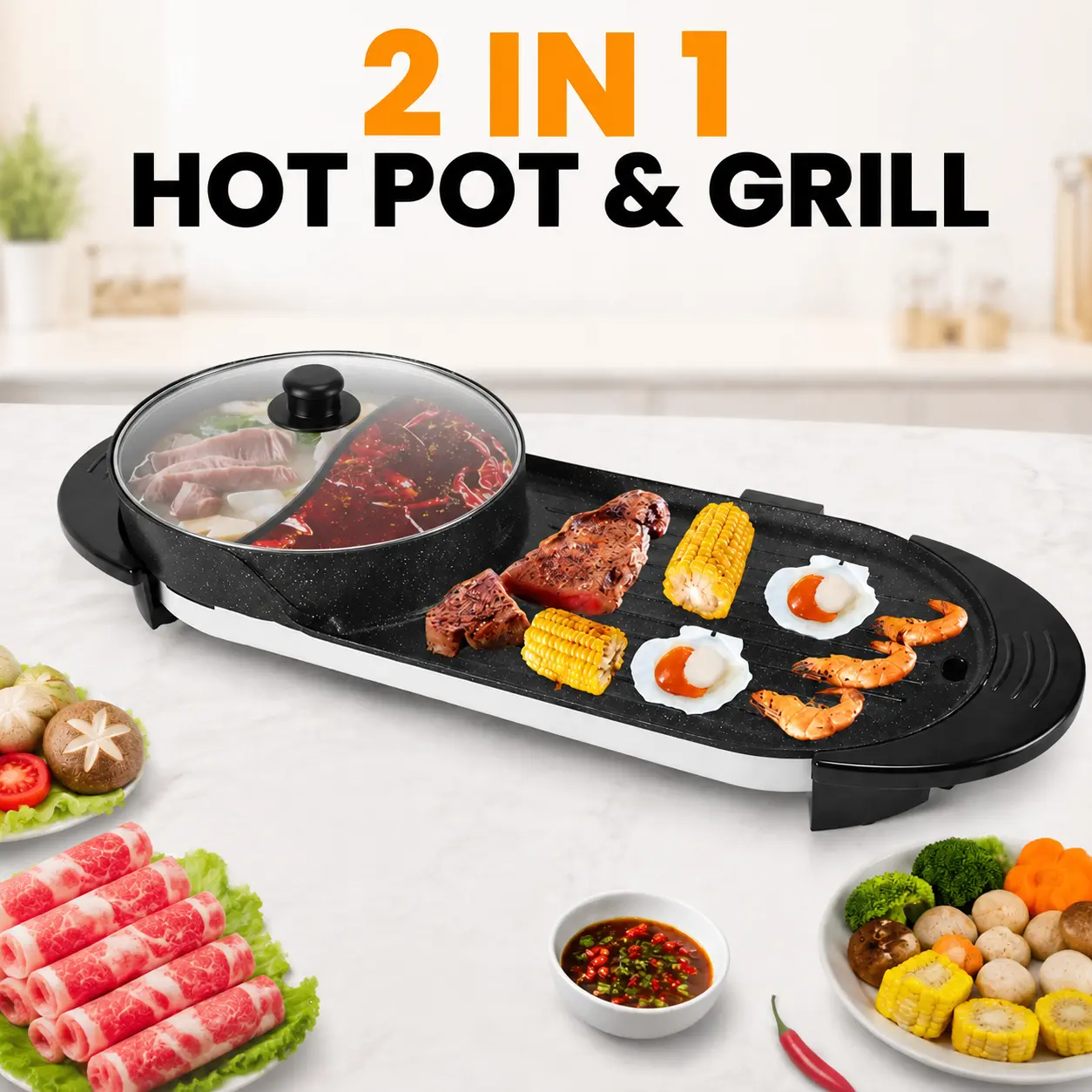2 in 1 Dual Function Electric Hot Pot & BBQ Grill for Bbq Cooking, 2200W Power Smokeless Grill, 5-Setting Independent Control Non-Stick Cooker-4914 (Camping Picnic Sports Outdoor Use), 2200W Total
