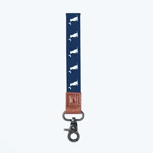 Navy Dog & Moon Wrist Lanyard with Metal Clasp & Leather Accent