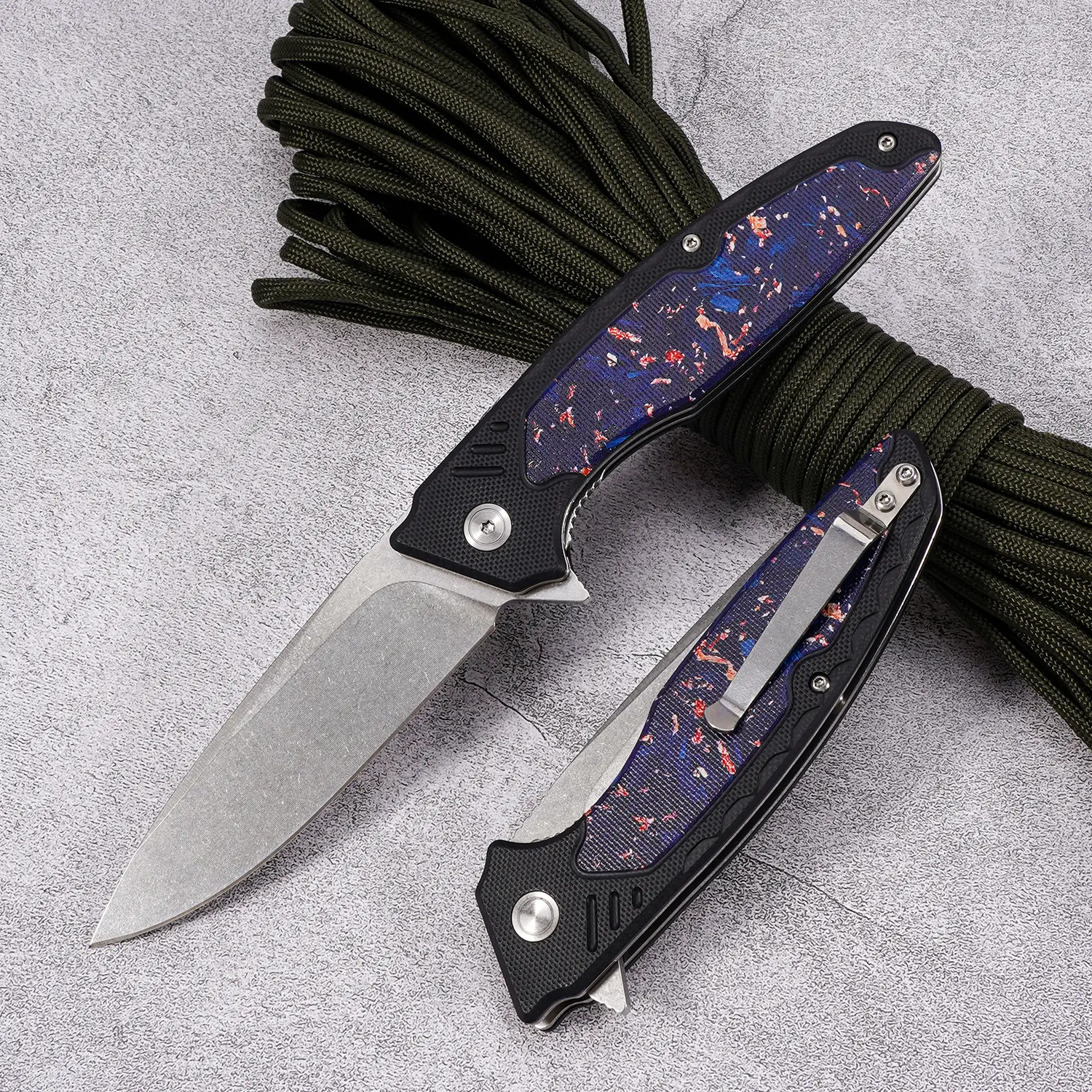 EDC Starry Sky Tactical Folding Pocket Knife with G10 Ergonomic Handle, Pocket-Belt Clip, Portable Multipurpose Knives, Emergency Tool for Camping, Survival Gear Cutting Equipment, Compact, Pocket Clip
