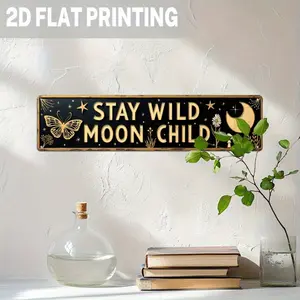 1PC 2D Flat - Simple Moon Child Metal Wall Hanging - Vintage Bohemian Decoration, Home Decor Products, Wall Art Decor with Moon, Stars, Butterfly, and Cactus, Suitable for Bedroom, Living Room, Farmhouse - 3.93x 15.74inch