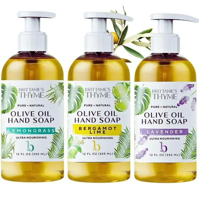 Brittanie's 12oz 3-Pack Variety Olive Oil Hand Soap (36oz Total) - Lemongrass, Bergamot Lime, Lavender - Herbal Cleanser with Essential Oils, Gentle Calming Aromatic Formula for All Skin Types, Daily Moisturizing Sensitive Soothing