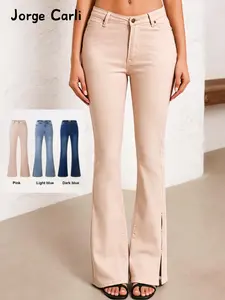 Jorge Carli Women's High Elastic Denim Jeans, Trendy Split Ankle Design, Low Waist Fitted Flare Pants, Casual Style Long Jeans