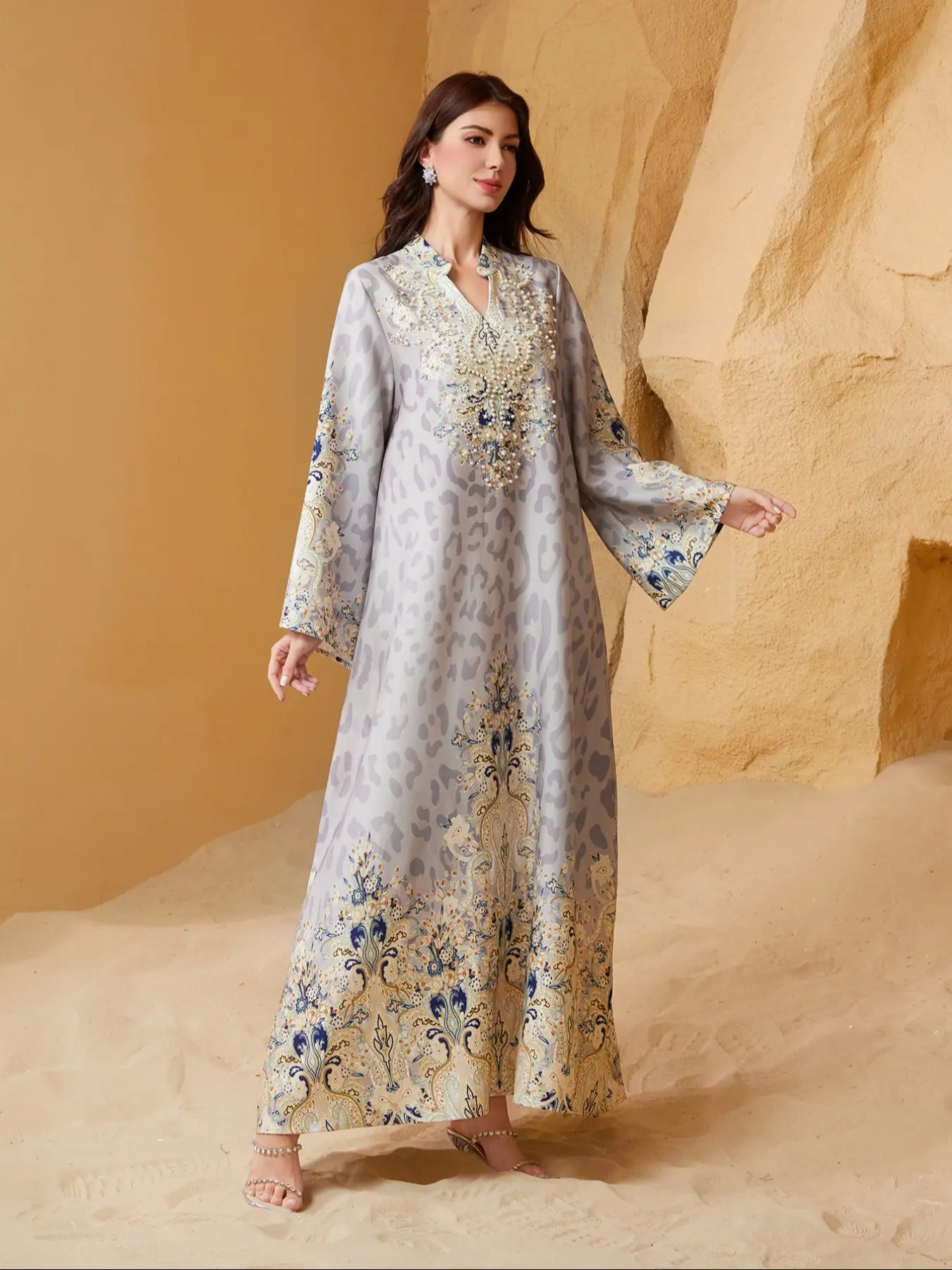 Women's Traditional Ethnic-Pattern Long Dress with Faux Pearl Decor, Boho Long Sleeve Dress for Vacations and Wedding Guests, Ladies Modest Muslim Clothing for All Seasons, Bohemian, Flowy Gown, Wedding Guest Dresses, Womenswear