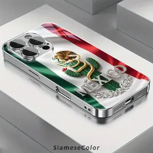Exquisite 2D Pattern Mexican Flag Diamond Badge Glass Phone Case, Suitable for iPhone 17 16, 15, 14, 13, 12, 11 Plus Pro Max