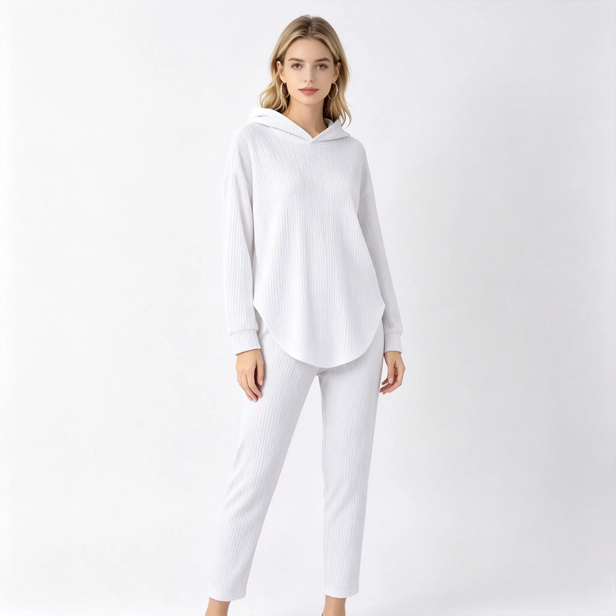 Women's 2-Piece Solid-Color Hooded Sweatshirt Pants & Top Set, Womenswear, Soft Vertical Ribbed, Wrinkle-Resistant, Easy-Care Fabric, Versatile for Home Wear & Going Out