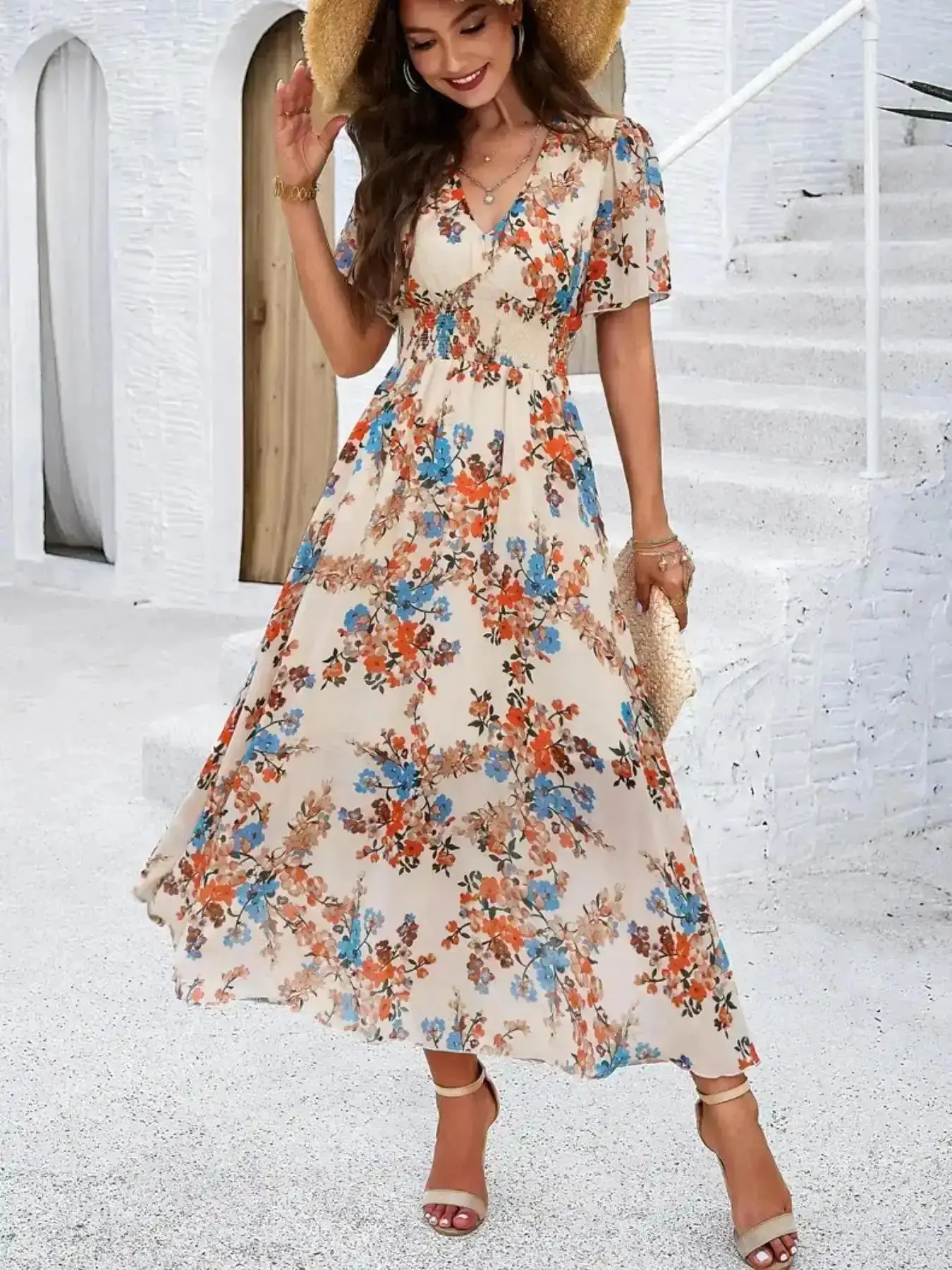 Elegant Night Out Dress, Print V Neck A Line Fitted Dress, Boho Fashion Casual Short Sleeve for Daily Holiday Vacation Wear, Ladies All Seasons Bohemian, Chic, Dresses, Slim Fit, Sexy, Effortless Style, Soft Touch