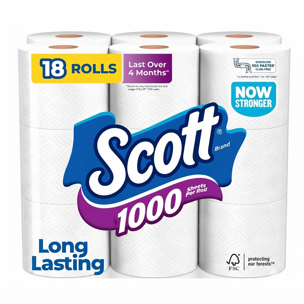 Scott 1000 Toilet Paper 18 Rolls 1000 Sheets 1 Ply Septic Safe Clog Free Long Lasting Bathroom Tissue Value Pack