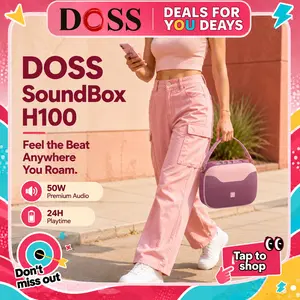 DOSS SoundBox H100 Bluetooth Multifunctional Wireless Stereo Bass Speaker - 50W Immersive Audio, 24H Playtime, USB Rechargeable, Built-in Strap, Button-Controlled, Portable, Smartphone Compatible Bluetooth Amplifier, Pink, Outdoor Use, Father's Day Gift,
