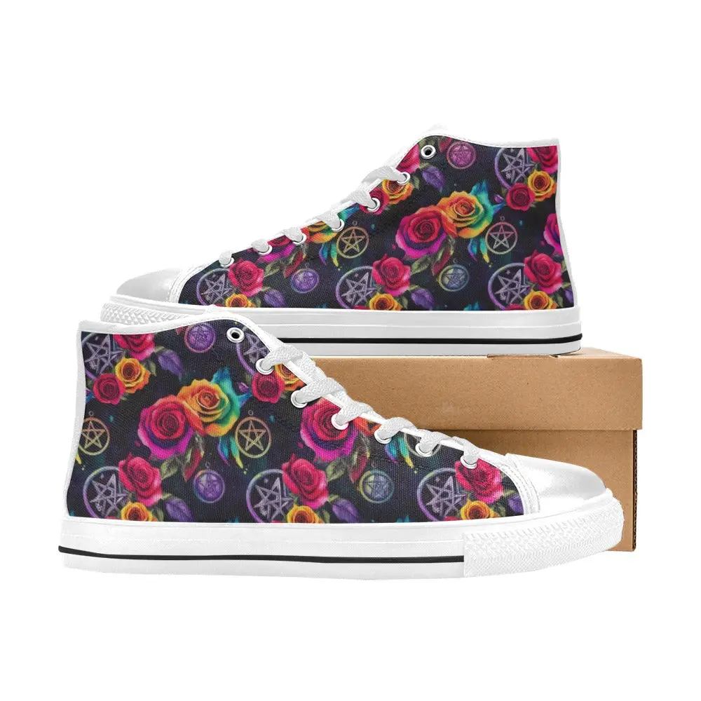 Custom Everyday Gothic Occult Pentagram and Roses Vintage Athletic High Top Canvas Shoes for Women Model017