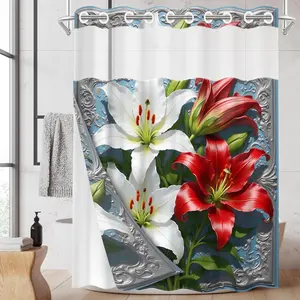 1PC/4PCS 2D Flat Printing White and Red Lilies with Blue Pattern Background Patterned shower curtain, home bathroom decor, shower curtain set with 12 hooks, non-slip bathroom rug, U-shaped toilet seat cover, toilet seat mat, Bathroom Accessory
