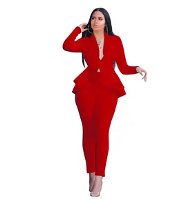 Acelyn Outfits Two Piece Suit Sexy V Neck Business Casual Ruffle Blazer Suit Bodycon Long Pants Sets Womenswear