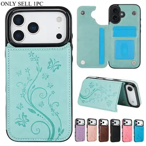 Wallet Butterfly Press With Card Slot Double Buckle Stand Flip Leather Case Cover Accessories For iPhone 17 Pro Max Air 16e 16 Plus 15 14 13 12 11