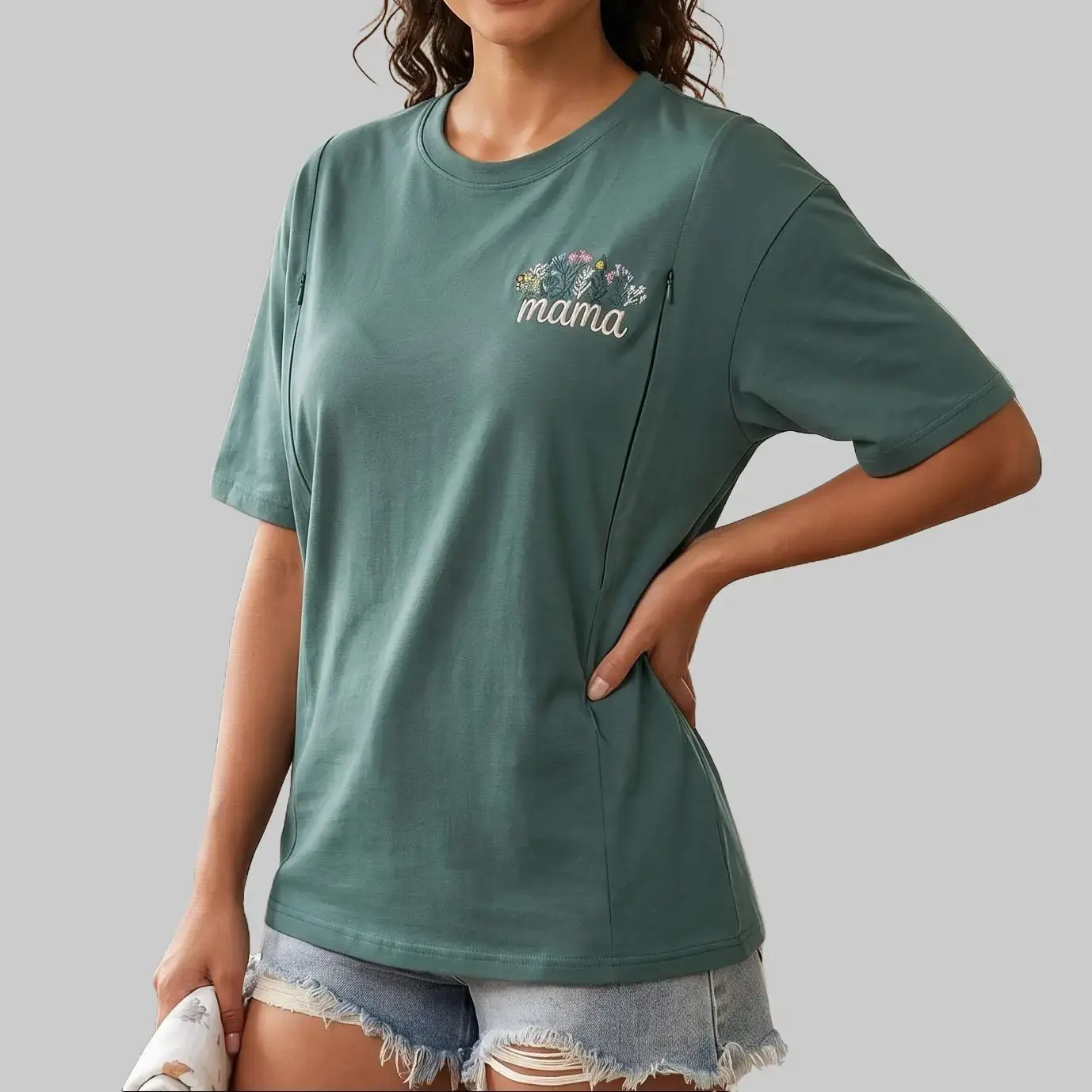 GIFTIFYMAMA Casual Nursing T-shirt for Women, Floral Mama Embroidered Short Sleeve Top, Soft 100% Cotton with Zipper Access, Nursing Apparel, Soft Nursing Clothes
