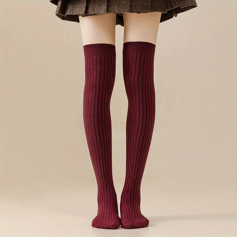 Women's Thigh High Stockings, 3 Pairs Solid Color Japanese Style Over-Knee Socks, Soft Breathable Spandex Stretch with Drawstring, Lady, Soft Breathable Socks, Three Pairs