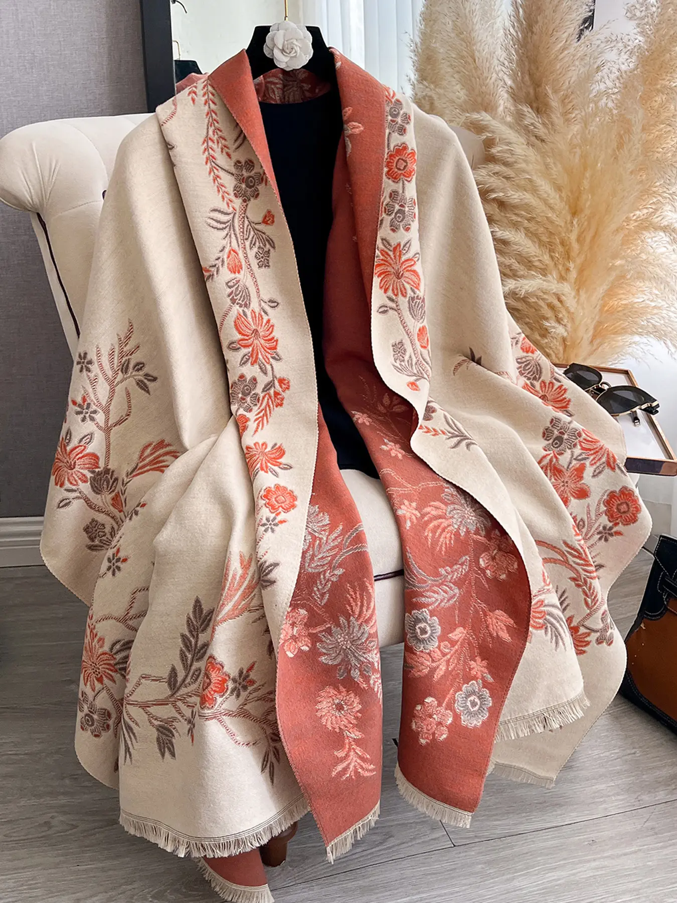 Women's Fall Winter Elegant Floral Print Scarf Shawl, Fitted Warm Casual Formal Fashion Accessory, Daily Wear Stylish Item, Boho Style Shawl, Floral Pattern Shawl