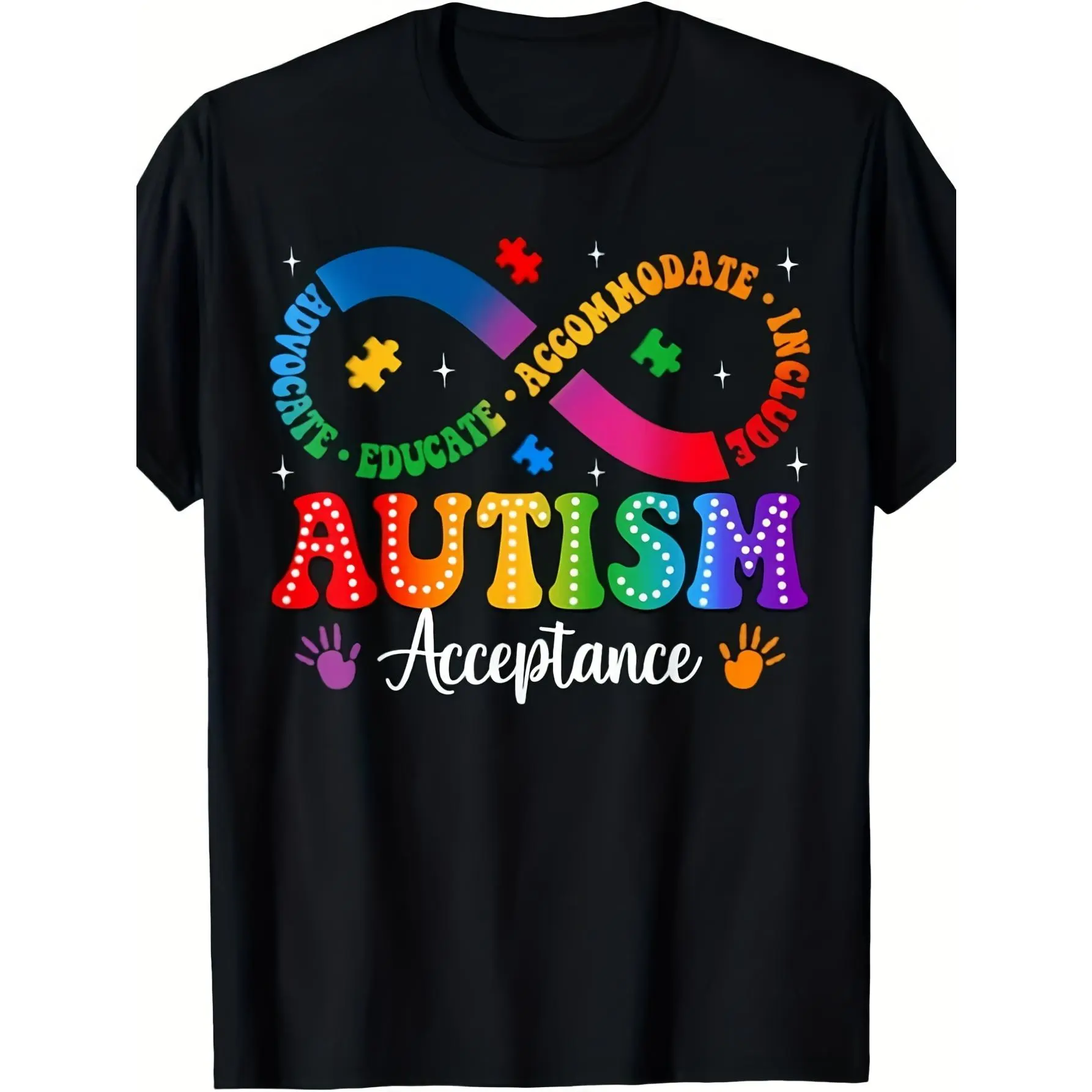 Autism Awareness Acceptance Shirt Infinity Symbol Men Women T-Shirt Tops TeeSame style for men and women 2025 summer short-sleeved printed T-shirt pure cotton, Awareness Apparel, Advocacy Clothing, Printed Top, Retro Style, Lightweight Fabric Black Tshirt