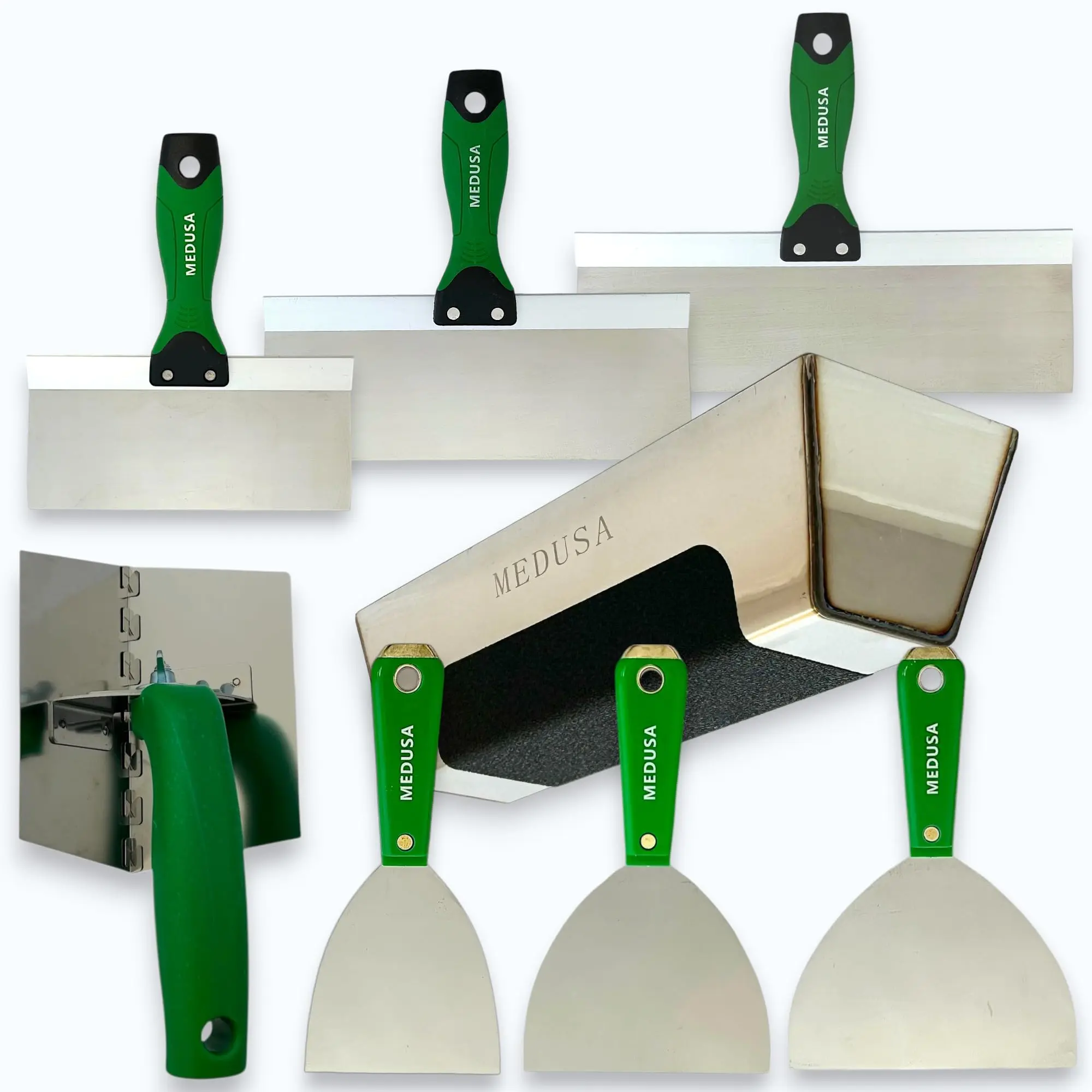 MEDUSA S.S. Drywall Taping Tool Set with Blades, Pan with Grip, Adjustable and reversible S.S. Angle Tool