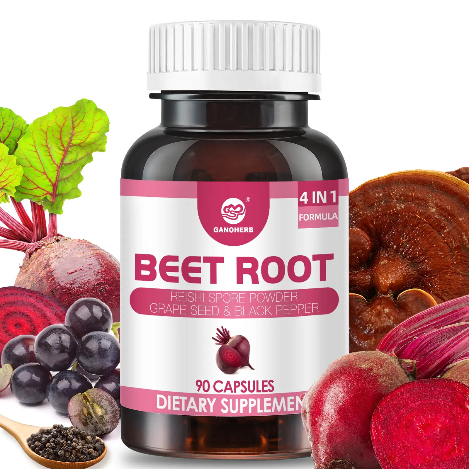 GANOHERB 4-in-1 Reishi Mushroom Supplement with Ganoderma Lucidum, Beetroot Extract & Grape Seed Extract & Black Pepper Extract, Herbal Antioxidant Formula for Cardiovascular & Heart Health Support, No Additives, 90 Capsules (45-Day Supply)