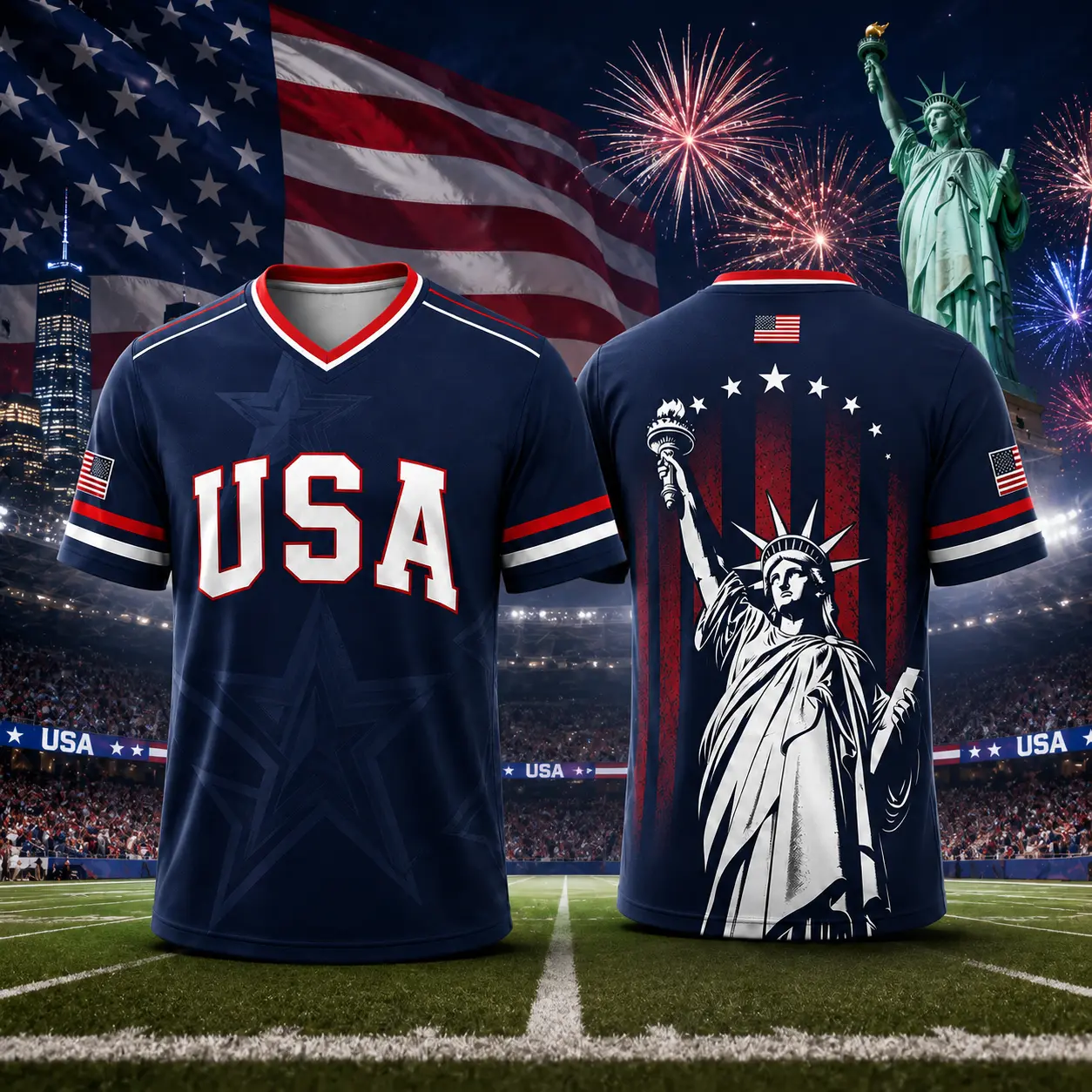 Men's Patriotic America Flag Baseball Jersey Shirt - Breathable Mesh Button-Up V-Neck, Relaxed Fit Short-Sleeve Sporty Sports Tops for Warm Weather Watch Parties, Machine Washable Cold Wash Baseball & Softball Apparel, Sizes S-XXXXL