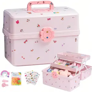 Hair Accessories Organizer for Girls Headbands Clips Ties Baby Girl Supplies, Lockable Three-layer Folding Craft Organizers Multifunction Large Capacity Storage Plastic Jewelry Box