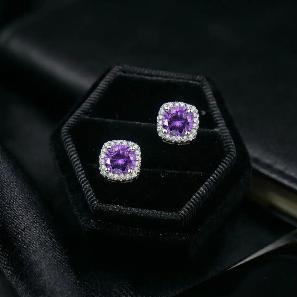 S925 Silver Premium Boxed Purple Amethyst Halo Stud Earrings - Round & Cushion Artificial Gemstone Cluster, Hypoallergenic, Casual, Everyday, Unisex Sparkling Jewelry Gift for Her