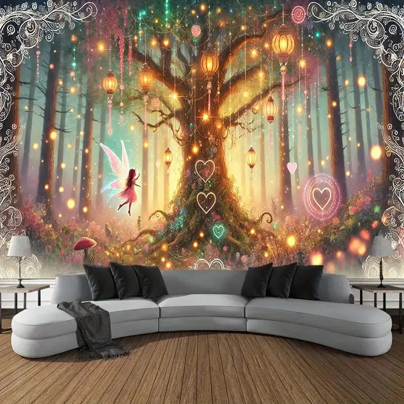 1pc Oversized 243.84x182.88 cm Magical Tree with Glowing Lanterns Tapestry - Polyester Fiber Wall Hanging for Living Room, Bedroom, Party Decor - No Electricity Needed, Vibrant Colors, Whimsical Fairy Design, Tree Decorations, Bedroom Enhancement, Durable