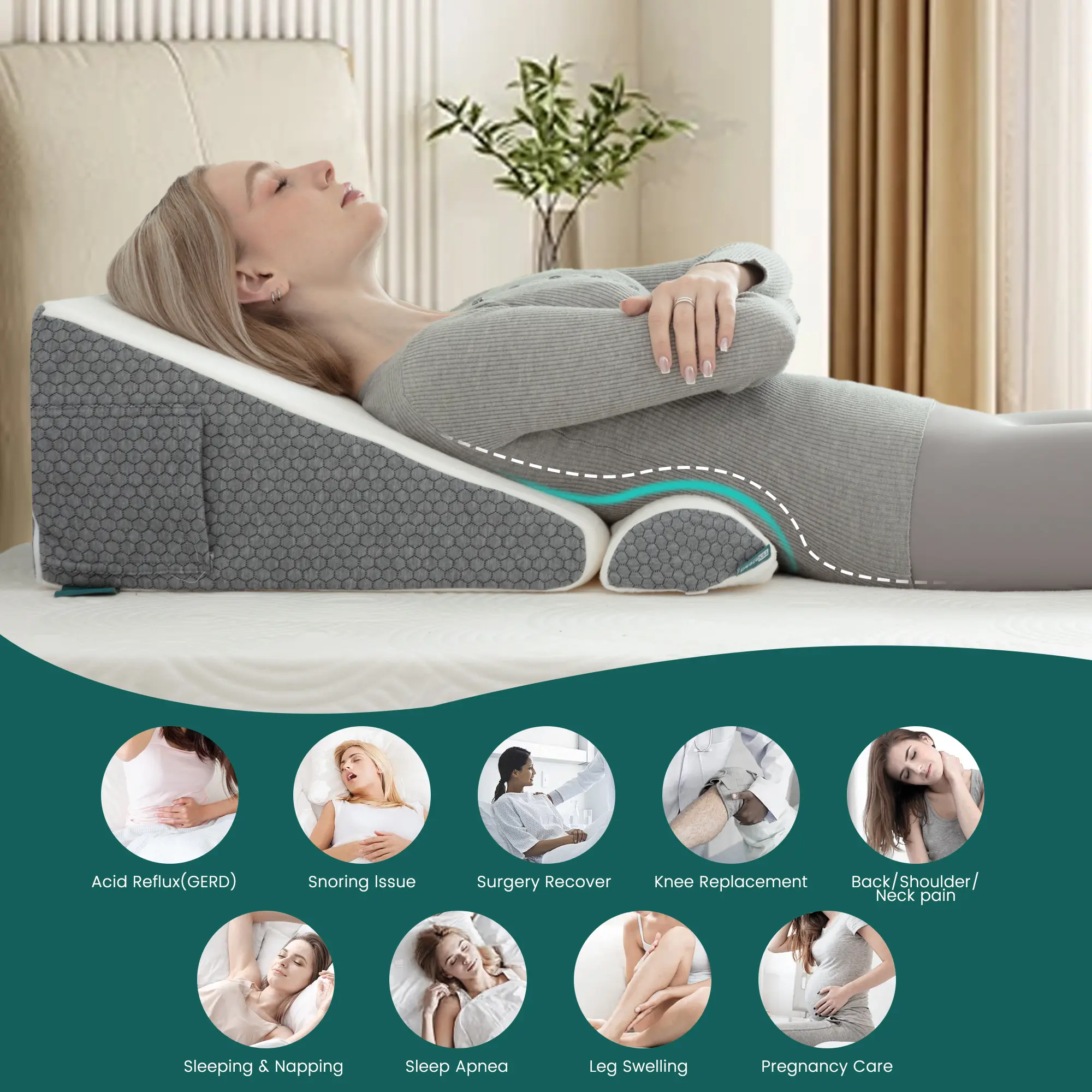 Memory Foam Wedge Pillow for Sleeping, Elevated Body Pillow for Back Support, Acid Reflux, Leg, Neck Pain, Snoring White/Grey, New Year, Christmas Gift