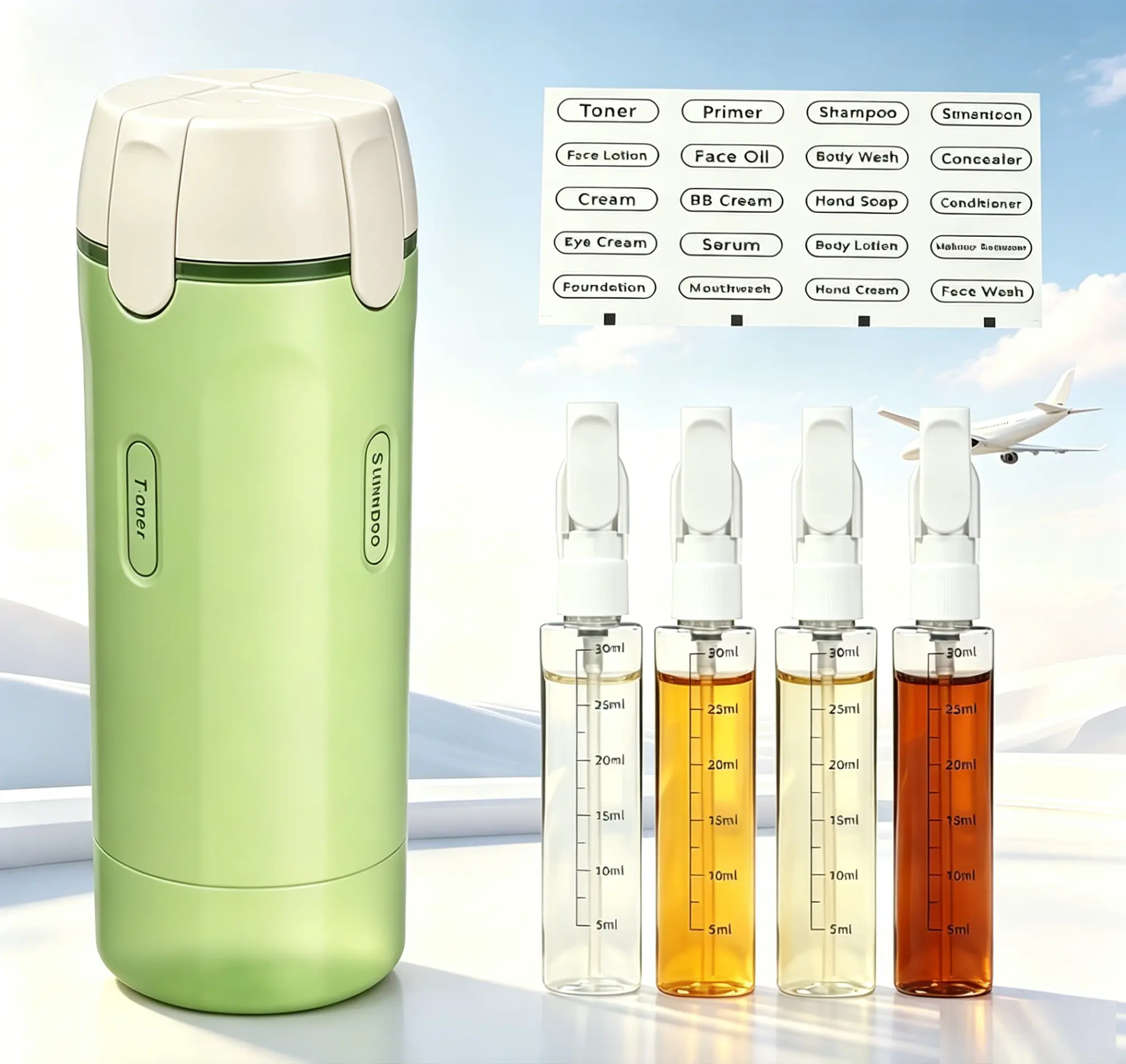 30ml Rotatable Pump 4-in-1 Travel Toiletry Dispenser for Adults, Leak-Proof Lock Refillable Liquid Bottle with Scale Label Stickers, Compact Easy-Clean Single-Item Carry-On Container (Father’s Day Gift Option) for Travel, Gym, Tsa Compliant, Leakproof Air