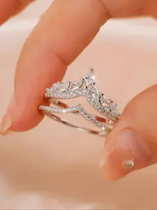 Women's Elegant Artificial Zircon V-Shape Wedding Ring Set, Anniversary Party Jewelry, Valentine's Day Gift, High-Quality Silver Color