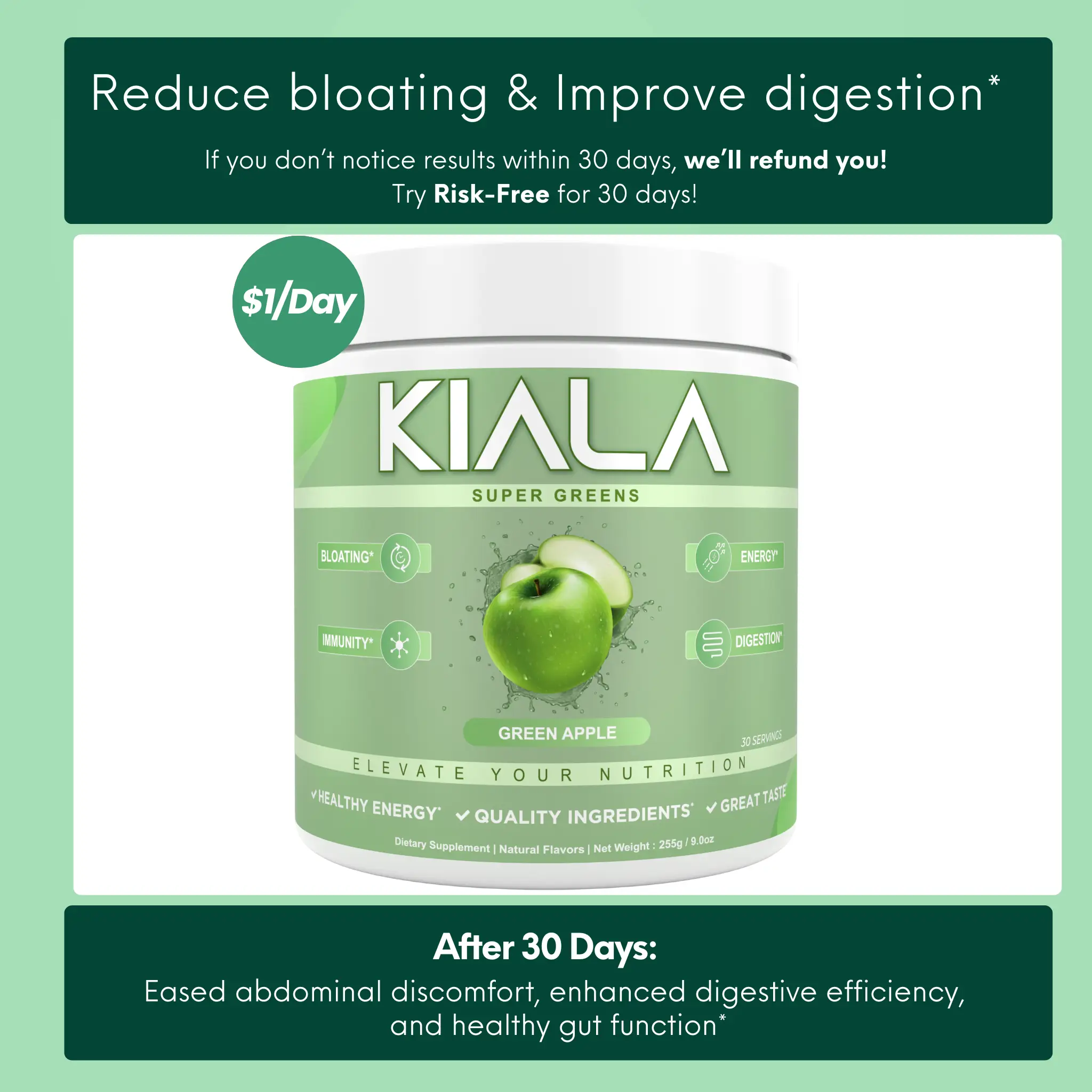 Kiala Nutrition Super Greens Powder - Digestive Health for Women, Bloating Relief, Gut Health, Skin Care, with Spirulina (Green Apple)