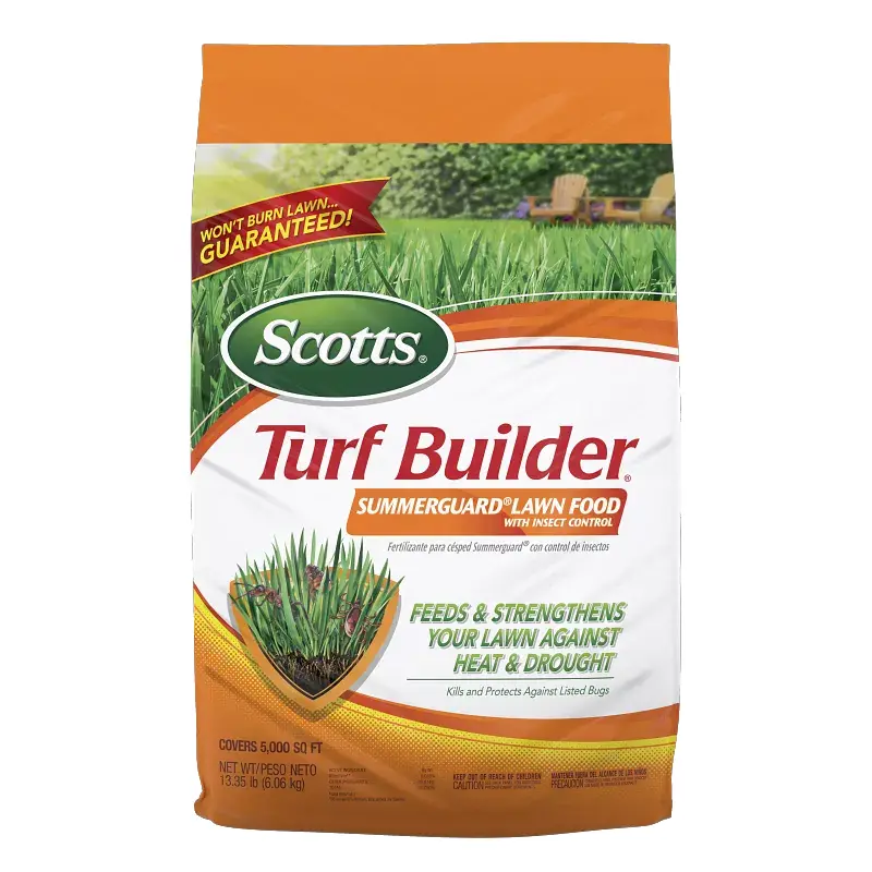 Scotts Turf Builder SummerGuard Fertilizer - 13.35 lb Bagged Dry Granular Lawn Care Formula, Insect Kill for Listed Lawn Pests, Heat Resistant, Drought Resistance, Covers 5000 sq ft, Kills Listed Lawn Pests