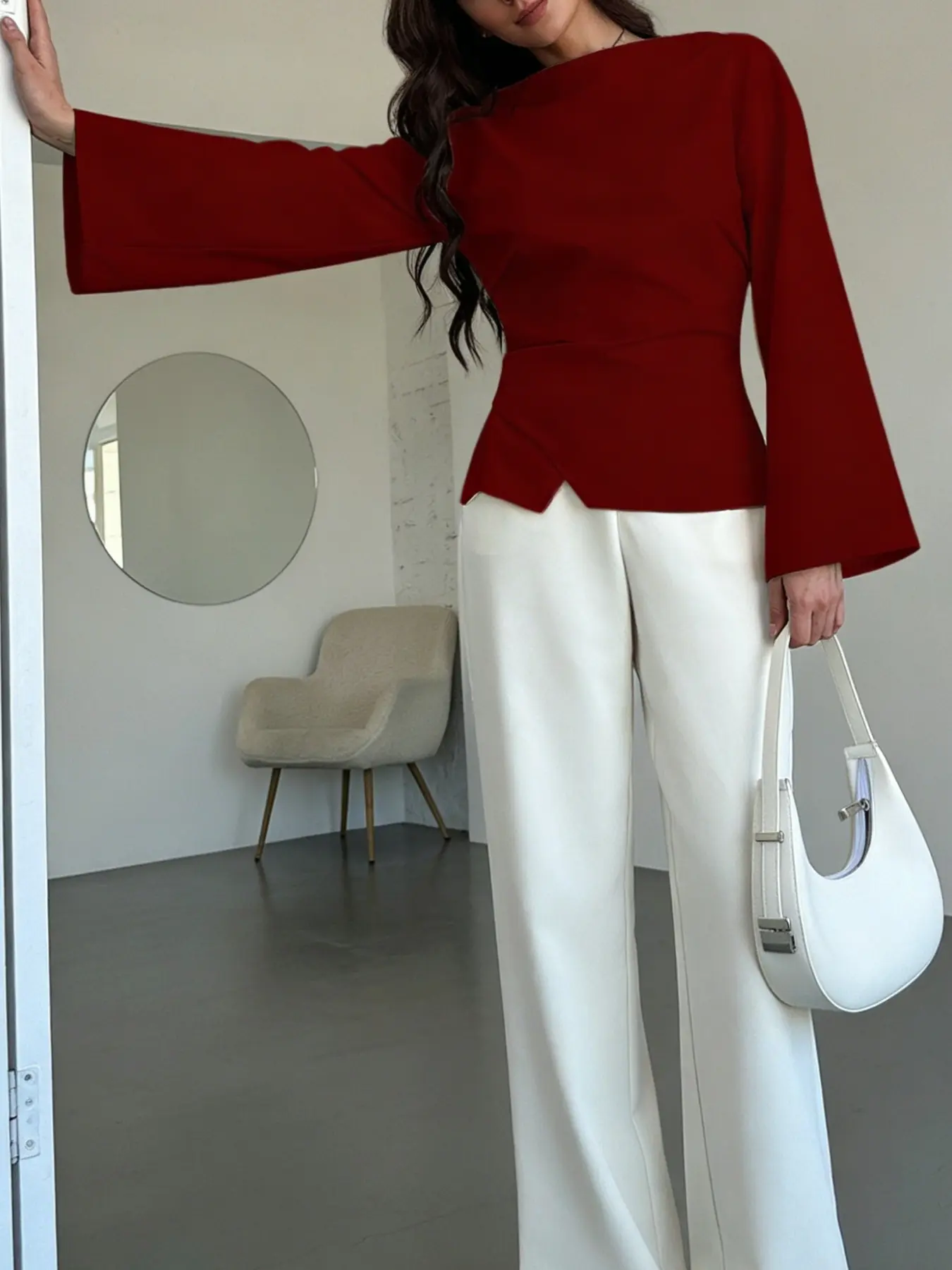 A women's light and mature style Fitted waist cinched shirt Blouse with a fashionable one collar design and Long sleeve flared sleeves for slimming and versatile commuting. Suitable for spring and autumn, home, indoor, and outdoor wear Top
