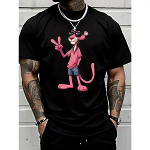 [Playful Pink Panther Tee] Men's Pink Panther Print Casual Short Sleeve T-Shirt | Olive Green Round Neck Summer Tee, Lightweight Breathable Fabric, Machine Washable, Stylish Cartoon Character Design, Relaxed Fit, Playful, Soft Texture, for Young Adults