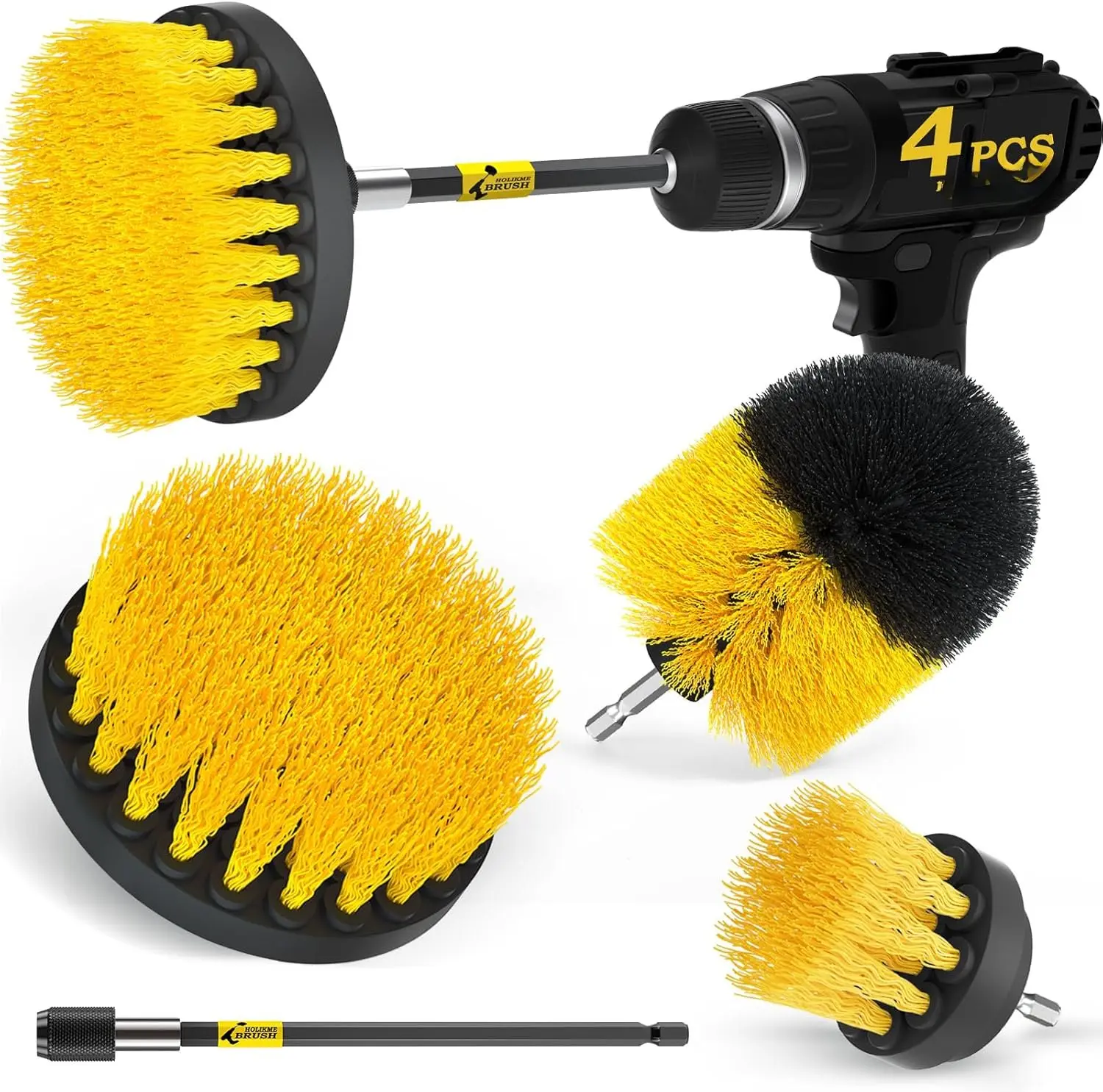 4 Pack Drill Brush Attachments Set, Power Scrubber with Extend Long AttachmentCleaning Supplies for Bathtub, Shower, Grout, Tile(Yellow)