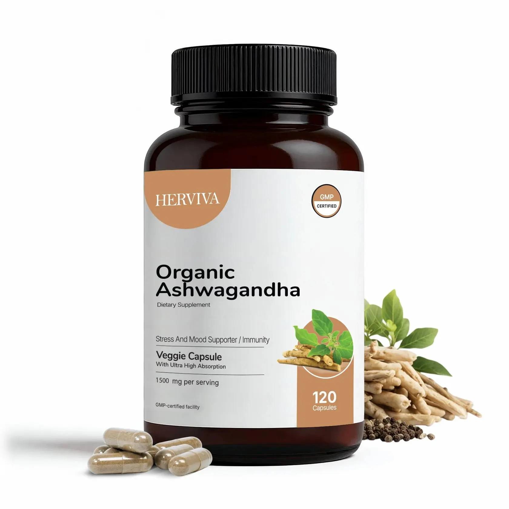 Organic Ashwagandha Capsules 1500mg - High-Strength Botanical Dietary Supplement for Adults, Energy Management & Immune Support, 120 Vegan Caps, Black Pepper Extract for Better Absorption, Non-GMO, Gluten-Free